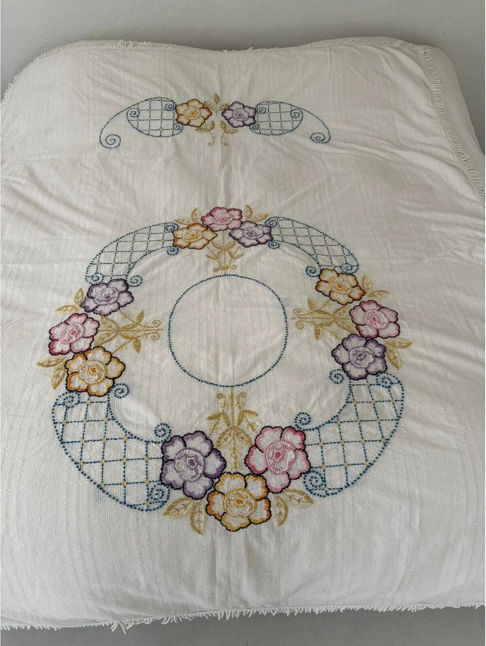 Vintage Floral Chenille Bedspread Fringe Twin